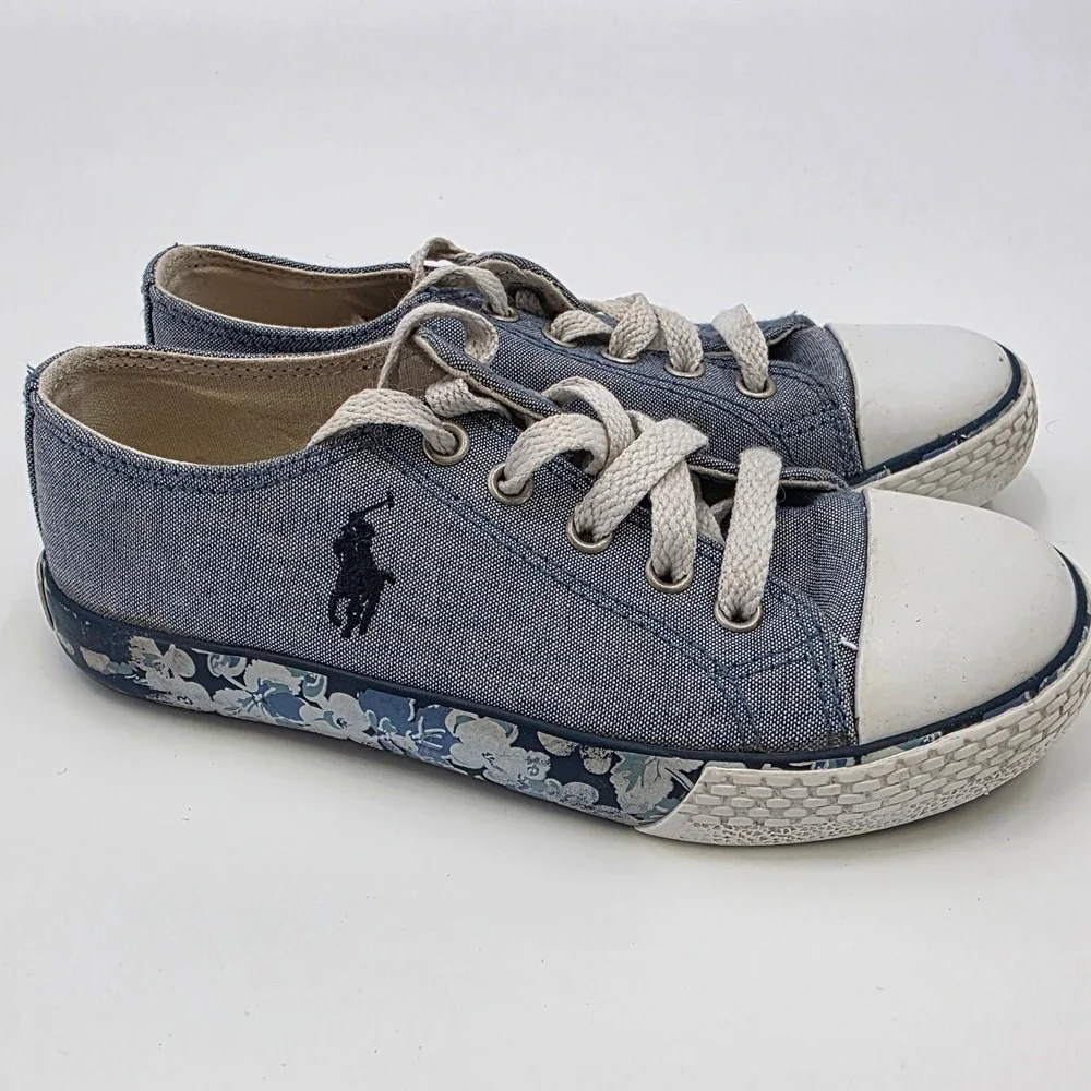 POLO RALPH LAUREN SLONE SNEAKERS GIRLS SIZE 13 CANVAS BLUE FLORAL LOW PONY KIDS